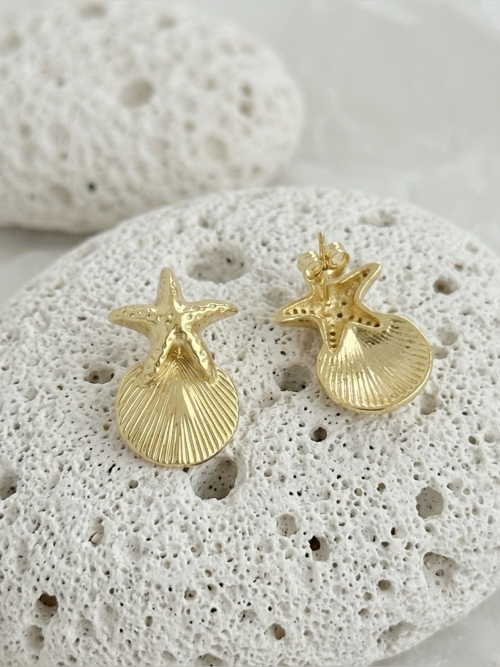 14k Gold Plated Starfish & Seashell Stud Earrings - Dainty Beach Jewelry - Picture 3 of 11